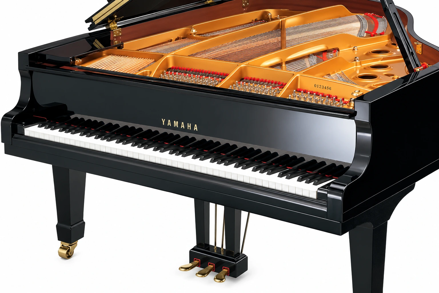Exemple de piano à queue sans pupitre : le numéro se trouve ici sur le cadre doré près des chevilles, juste derrière le clavier.