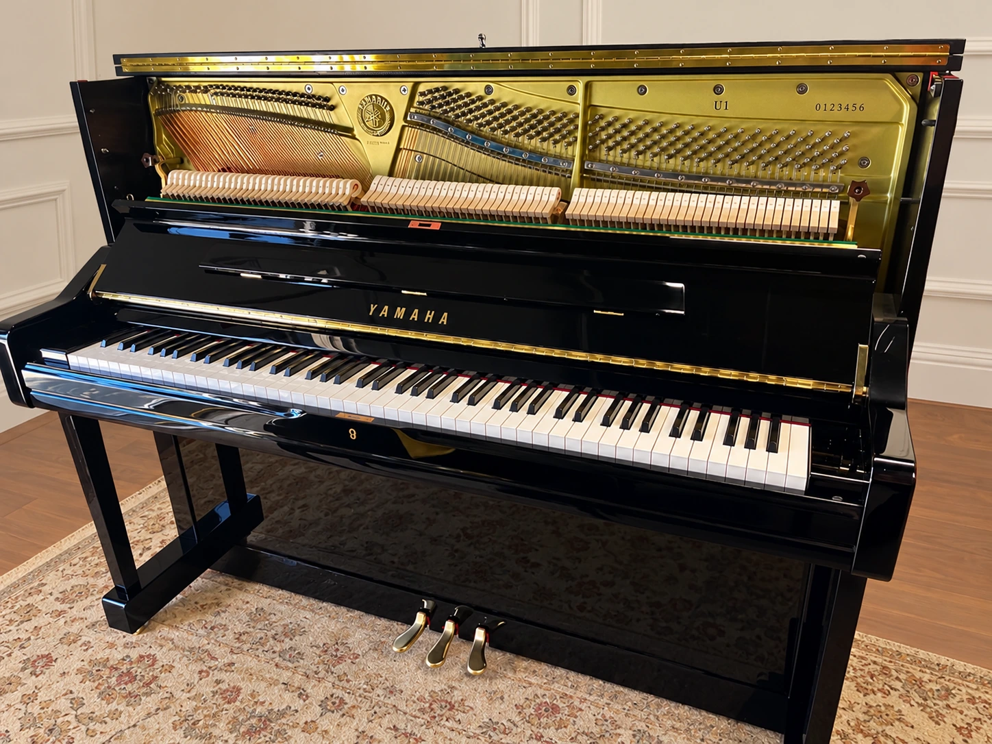 Exemple de piano droit ouvert par le dessus : le numéro se trouve ici sur le cadre doré, en haut à droite.