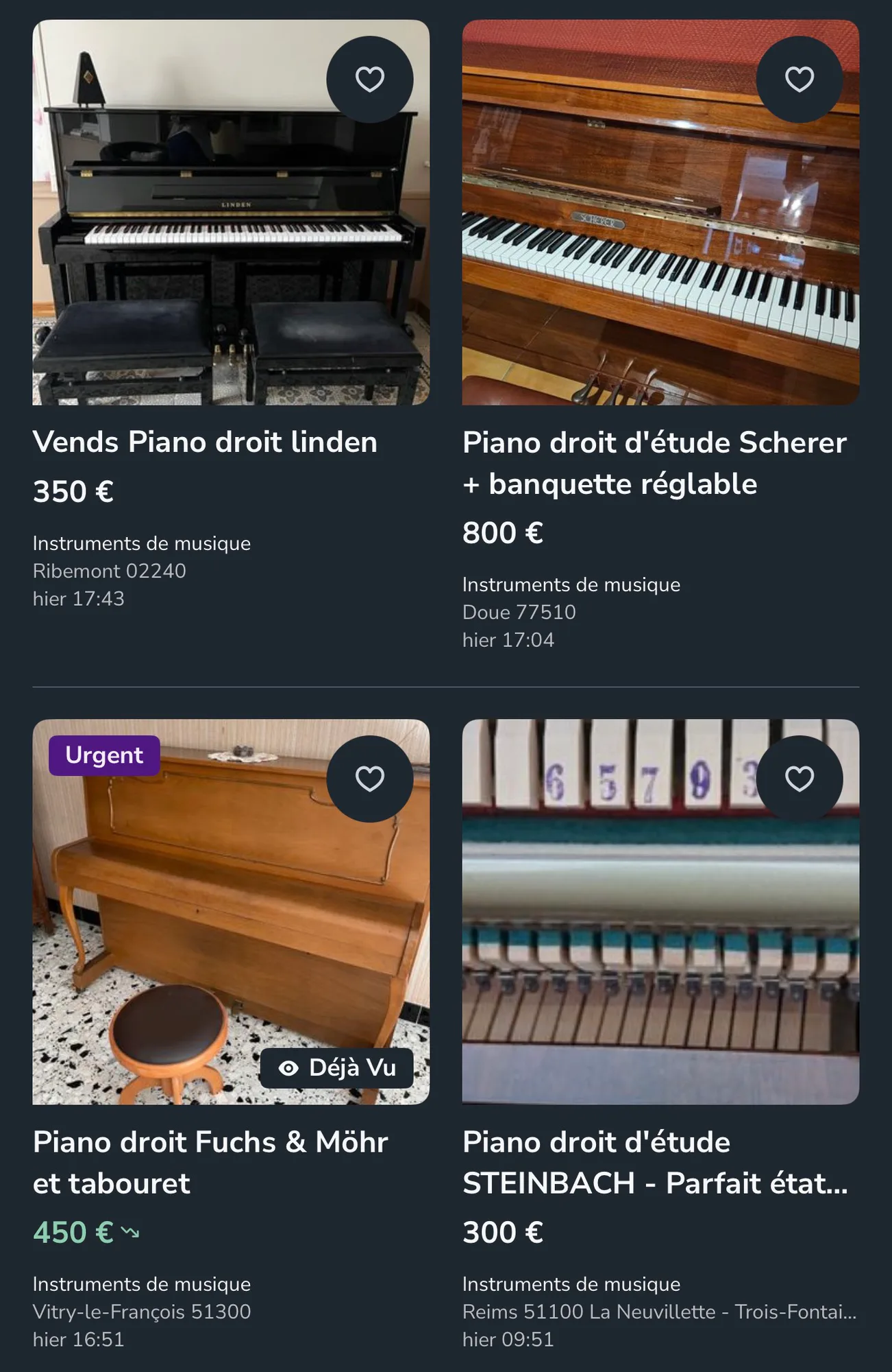 Exemple d’annonces de pianos d’occasion consultées avant une expertise